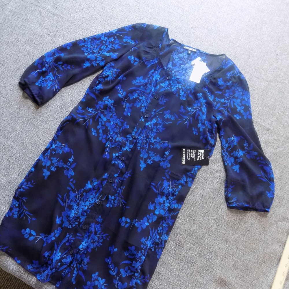 Express Shirt Dress Womens Medium Blue New Floral Button Front Chiffon Lined
